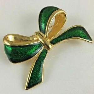 Vintage AAI Green and Gold Bow Enamel Brooch Pin